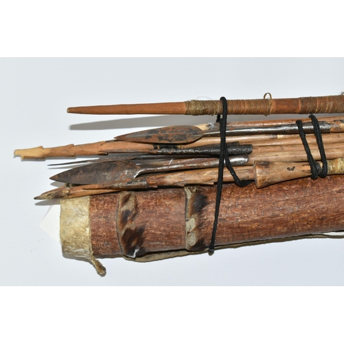 204 - A VERY INTERESTING LONG BOW, ARROWS AND QUIVER OF NATIVE ORIGINS, the quiver is made from a hollowed... 