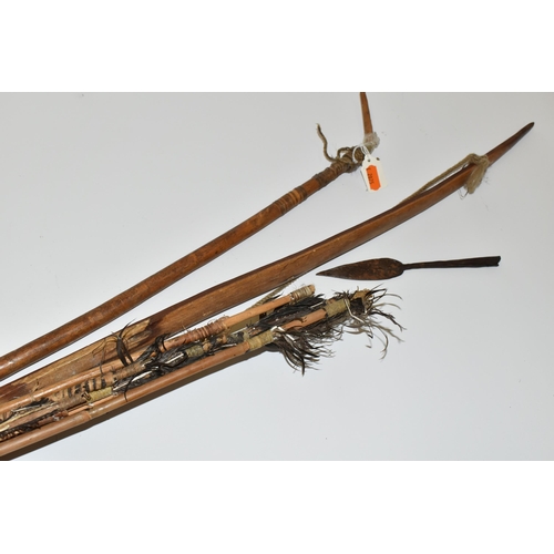 204 - A VERY INTERESTING LONG BOW, ARROWS AND QUIVER OF NATIVE ORIGINS, the quiver is made from a hollowed... 