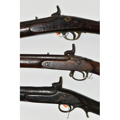 205 - THREE ANTIQUE GUNS, comprising an antique percussion single barrel three band musket with flared muz... 