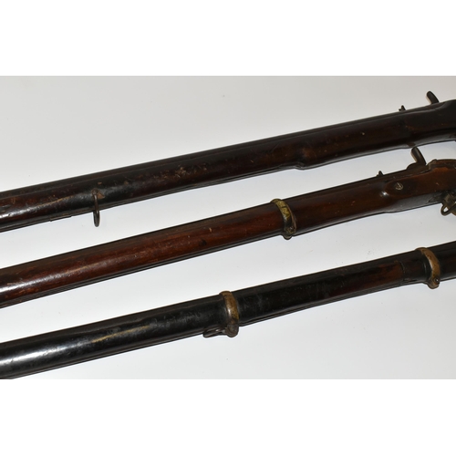 205 - THREE ANTIQUE GUNS, comprising an antique percussion single barrel three band musket with flared muz... 