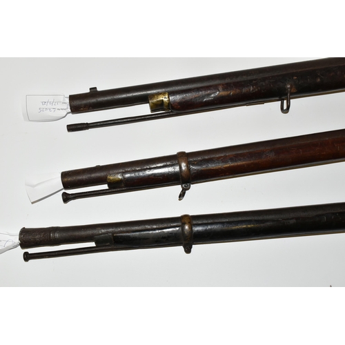 205 - THREE ANTIQUE GUNS, comprising an antique percussion single barrel three band musket with flared muz... 