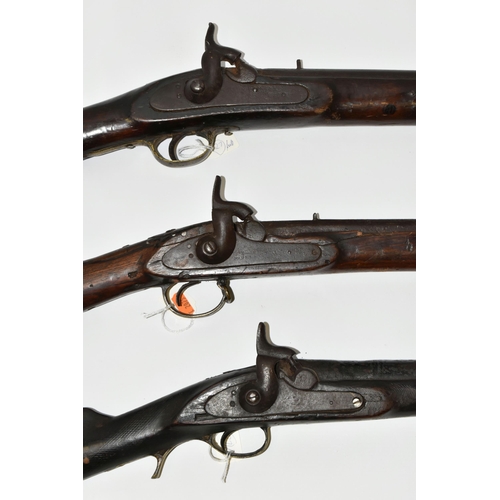 205 - THREE ANTIQUE GUNS, comprising an antique percussion single barrel three band musket with flared muz... 