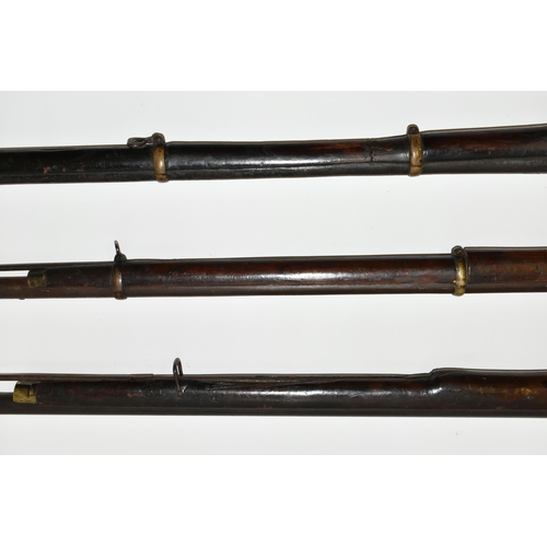 205 - THREE ANTIQUE GUNS, comprising an antique percussion single barrel three band musket with flared muz... 