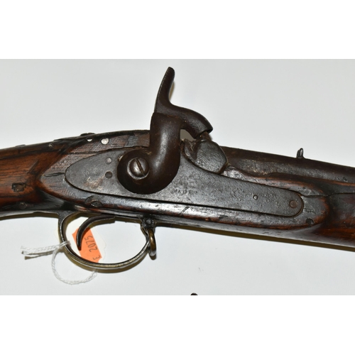 205 - THREE ANTIQUE GUNS, comprising an antique percussion single barrel three band musket with flared muz... 