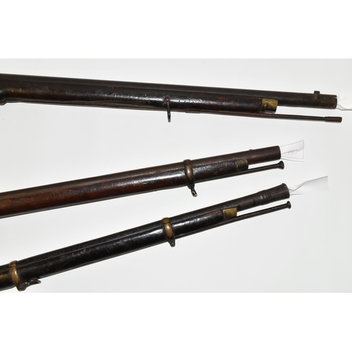 205 - THREE ANTIQUE GUNS, comprising an antique percussion single barrel three band musket with flared muz... 