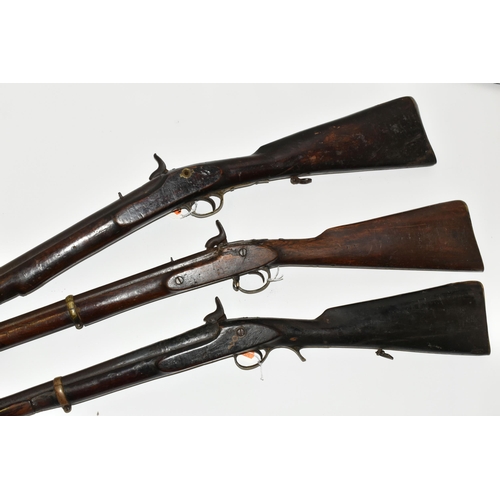 205 - THREE ANTIQUE GUNS, comprising an antique percussion single barrel three band musket with flared muz... 