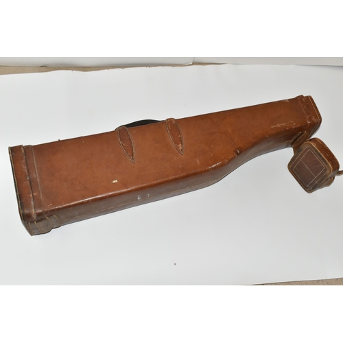 207 - A GOOD QUALITY LEATHER SHOTGUN CASE WITH METALLIC LOCK, its case straps need replacing