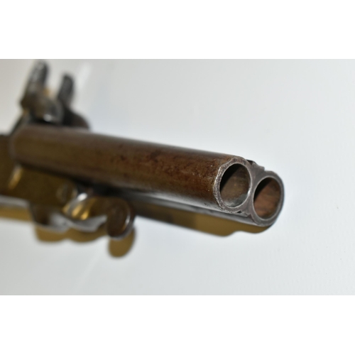 210 - AN ANTIQUE 12MM DOUBLE BARREL SIDE BY SIDE PIN-FIRE PISTOL, fitted with fold up triggers, it bears n... 