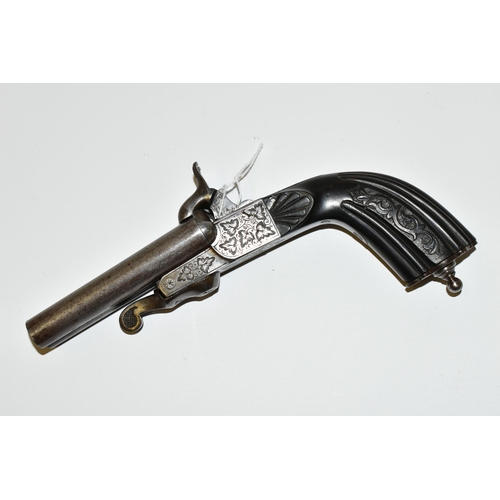 210 - AN ANTIQUE 12MM DOUBLE BARREL SIDE BY SIDE PIN-FIRE PISTOL, fitted with fold up triggers, it bears n... 