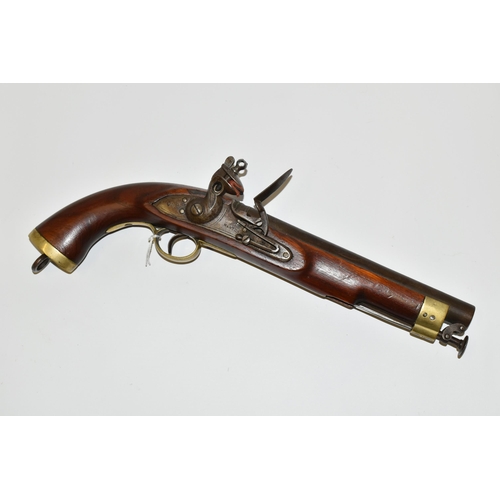 212 - AN ANTIQUE FLINTLOCK SINGLE BARREL 17 BORE MILITARY DESIGN HOLSTER PISTOL, fitted with a 9