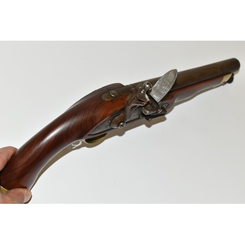 212 - AN ANTIQUE FLINTLOCK SINGLE BARREL 17 BORE MILITARY DESIGN HOLSTER PISTOL, fitted with a 9