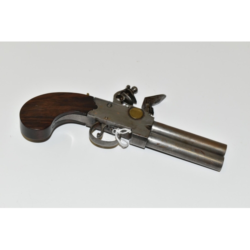 213 - AN ANTIQUE 80 BORE OVER AND UNDER TAP ACTION FLINTLOCK POCKET PISTOL, fitted with 3¼'' barrels, this... 