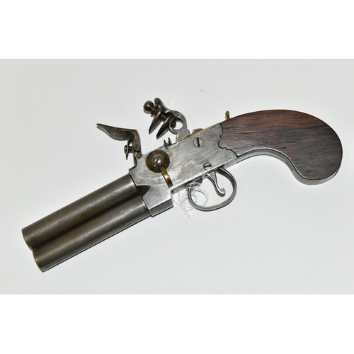 213 - AN ANTIQUE 80 BORE OVER AND UNDER TAP ACTION FLINTLOCK POCKET PISTOL, fitted with 3¼'' barrels, this... 