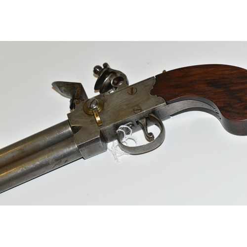 213 - AN ANTIQUE 80 BORE OVER AND UNDER TAP ACTION FLINTLOCK POCKET PISTOL, fitted with 3¼'' barrels, this... 