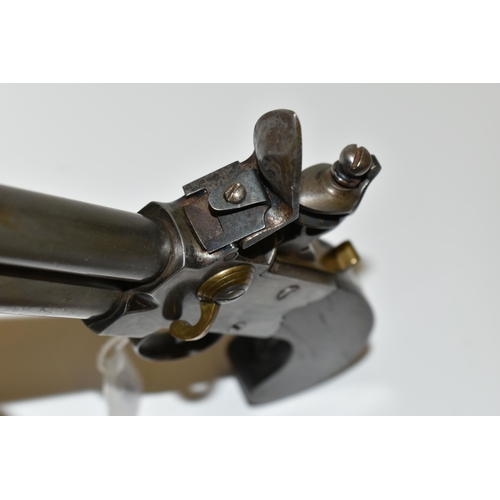 213 - AN ANTIQUE 80 BORE OVER AND UNDER TAP ACTION FLINTLOCK POCKET PISTOL, fitted with 3¼'' barrels, this... 