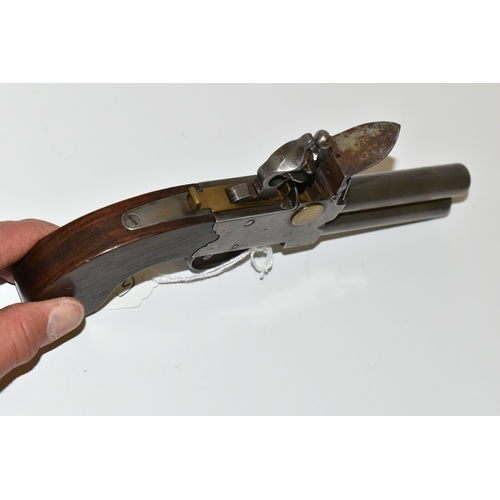 213 - AN ANTIQUE 80 BORE OVER AND UNDER TAP ACTION FLINTLOCK POCKET PISTOL, fitted with 3¼'' barrels, this... 