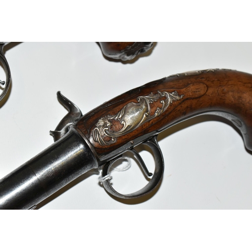 215 - A PAIR OF ANTIQUE 20 BORE CANNON BARREL FLINTLOCK SIDELOCK PISTOLS, fitted with 6½'' turnoff barrel ... 