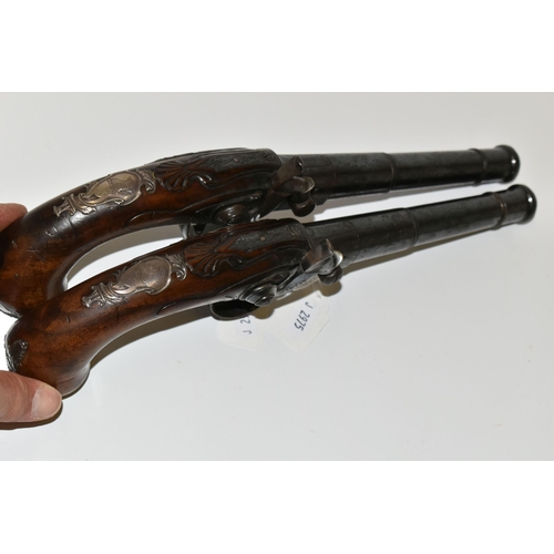 215 - A PAIR OF ANTIQUE 20 BORE CANNON BARREL FLINTLOCK SIDELOCK PISTOLS, fitted with 6½'' turnoff barrel ... 