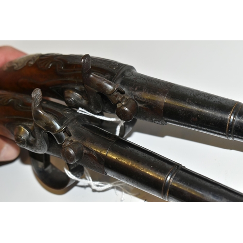 215 - A PAIR OF ANTIQUE 20 BORE CANNON BARREL FLINTLOCK SIDELOCK PISTOLS, fitted with 6½'' turnoff barrel ... 