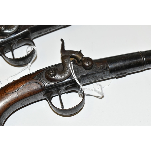 215 - A PAIR OF ANTIQUE 20 BORE CANNON BARREL FLINTLOCK SIDELOCK PISTOLS, fitted with 6½'' turnoff barrel ... 