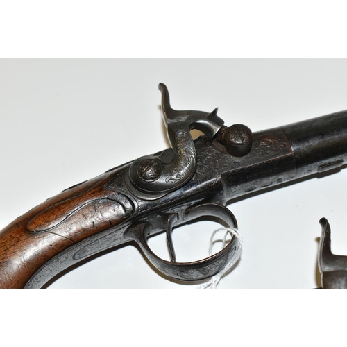 215 - A PAIR OF ANTIQUE 20 BORE CANNON BARREL FLINTLOCK SIDELOCK PISTOLS, fitted with 6½'' turnoff barrel ... 