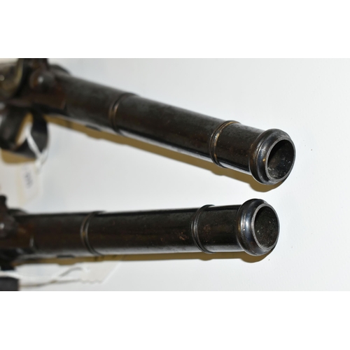 215 - A PAIR OF ANTIQUE 20 BORE CANNON BARREL FLINTLOCK SIDELOCK PISTOLS, fitted with 6½'' turnoff barrel ... 