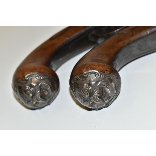 215 - A PAIR OF ANTIQUE 20 BORE CANNON BARREL FLINTLOCK SIDELOCK PISTOLS, fitted with 6½'' turnoff barrel ... 