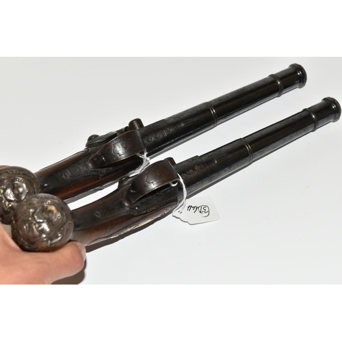 215 - A PAIR OF ANTIQUE 20 BORE CANNON BARREL FLINTLOCK SIDELOCK PISTOLS, fitted with 6½'' turnoff barrel ... 