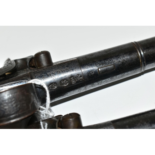 215 - A PAIR OF ANTIQUE 20 BORE CANNON BARREL FLINTLOCK SIDELOCK PISTOLS, fitted with 6½'' turnoff barrel ... 