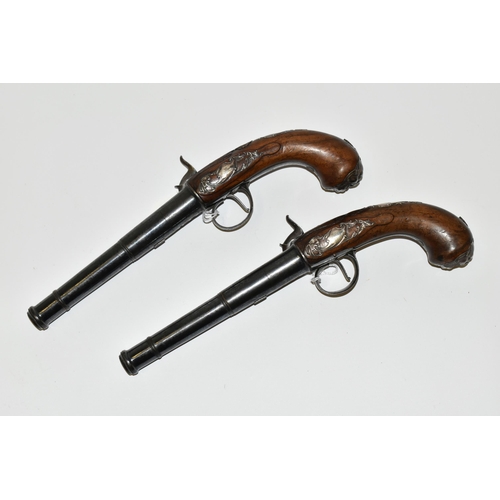 215 - A PAIR OF ANTIQUE 20 BORE CANNON BARREL FLINTLOCK SIDELOCK PISTOLS, fitted with 6½'' turnoff barrel ... 