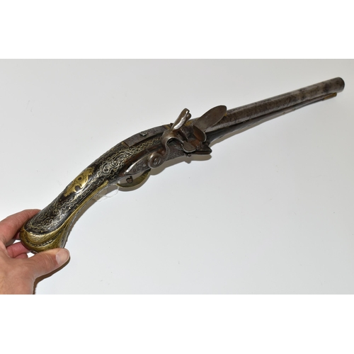 216 - AN ANTIQUE 20 BORE TURKISH FLINTLOCK HOLSTER PISTOL FITTED WITH A 12'' BARREL, its stock is nicely i... 