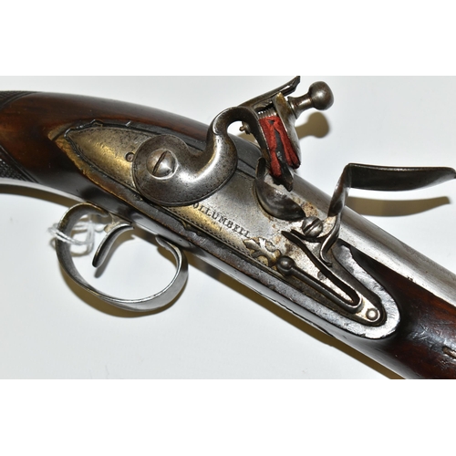 218 - AN ANTIQUE 23 BORE FLINTLOCK HOLSTER PISTOL FITTED WITH AN 8'' BARREL, its lock is marked Collumbell... 