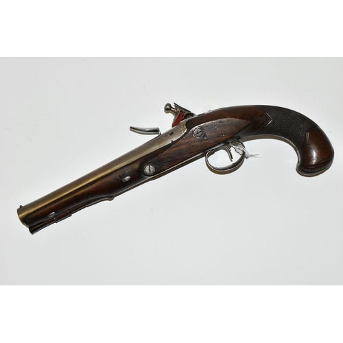 218 - AN ANTIQUE 23 BORE FLINTLOCK HOLSTER PISTOL FITTED WITH AN 8'' BARREL, its lock is marked Collumbell... 