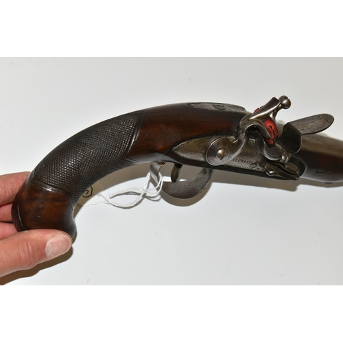 218 - AN ANTIQUE 23 BORE FLINTLOCK HOLSTER PISTOL FITTED WITH AN 8'' BARREL, its lock is marked Collumbell... 