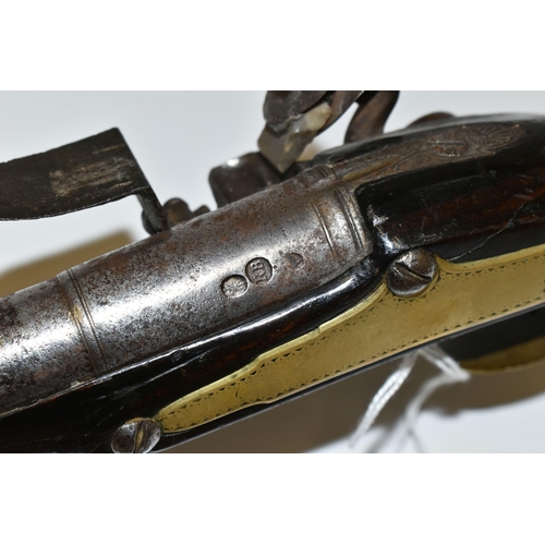 219 - AN ANTIQUE 15 BORE FLINTLOCK HOLSTER PISTOL FITTED WITH A 9¾'' BARREL, it bears London Proof marks a... 