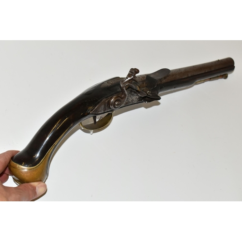 219 - AN ANTIQUE 15 BORE FLINTLOCK HOLSTER PISTOL FITTED WITH A 9¾'' BARREL, it bears London Proof marks a... 