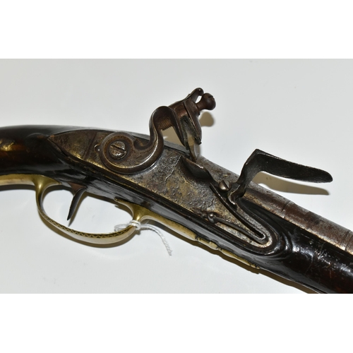 219 - AN ANTIQUE 15 BORE FLINTLOCK HOLSTER PISTOL FITTED WITH A 9¾'' BARREL, it bears London Proof marks a... 