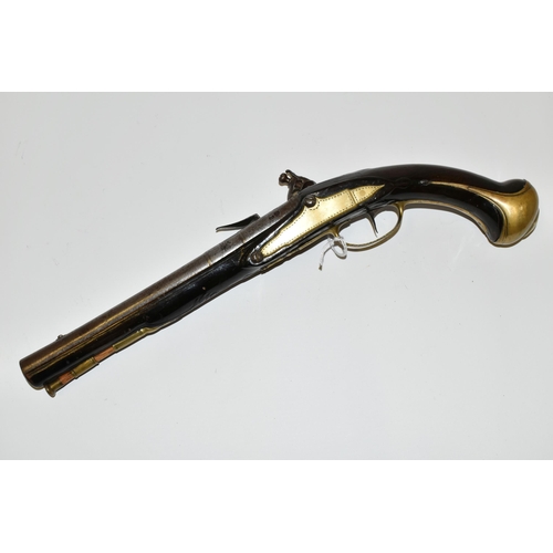 219 - AN ANTIQUE 15 BORE FLINTLOCK HOLSTER PISTOL FITTED WITH A 9¾'' BARREL, it bears London Proof marks a... 