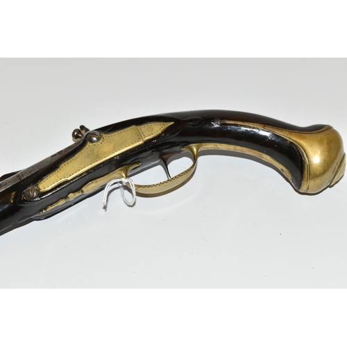 219 - AN ANTIQUE 15 BORE FLINTLOCK HOLSTER PISTOL FITTED WITH A 9¾'' BARREL, it bears London Proof marks a... 