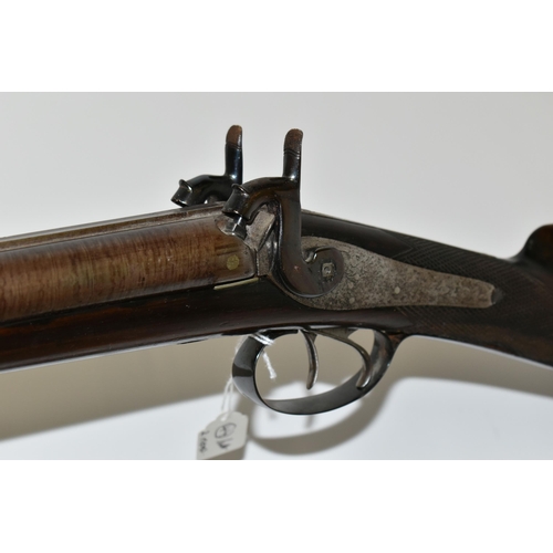 222 - AN ANTIQUE 14 BORE PERCUSSION BACK ACTION LOCK DOUBLE BARREL SHOTGUN, fitted with 28½'' barrels, it ... 