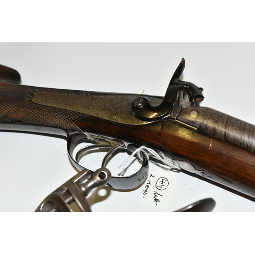 222 - AN ANTIQUE 14 BORE PERCUSSION BACK ACTION LOCK DOUBLE BARREL SHOTGUN, fitted with 28½'' barrels, it ... 