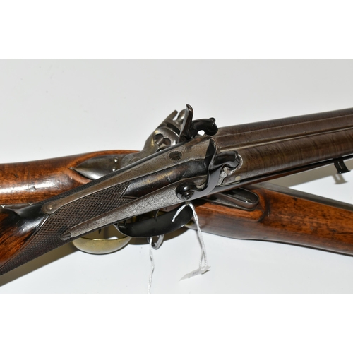 222 - AN ANTIQUE 14 BORE PERCUSSION BACK ACTION LOCK DOUBLE BARREL SHOTGUN, fitted with 28½'' barrels, it ... 