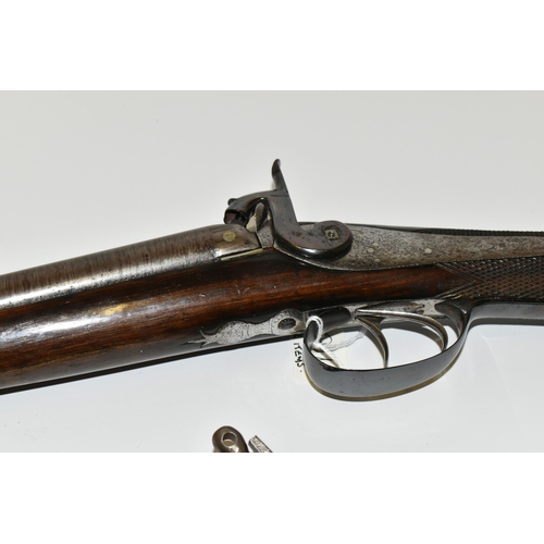 222 - AN ANTIQUE 14 BORE PERCUSSION BACK ACTION LOCK DOUBLE BARREL SHOTGUN, fitted with 28½'' barrels, it ... 