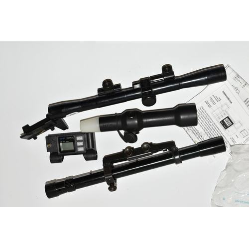 241 - THREE AIR RIFLE SCOPES, two having mounts and one of which is marked B.S.A., a boxed Cb-625 Chronosc... 