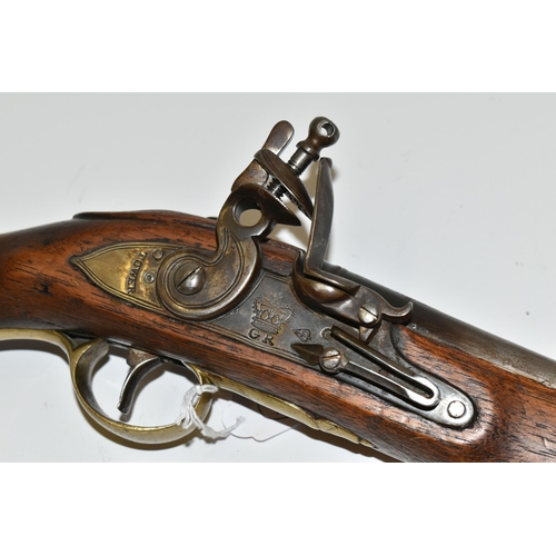 251 - A GOOD QUALITY REPRODUCTION OF A FLINTLOCK BRITISH NAVY SERVICE PISTOL, expertly aged, it lacks the ... 