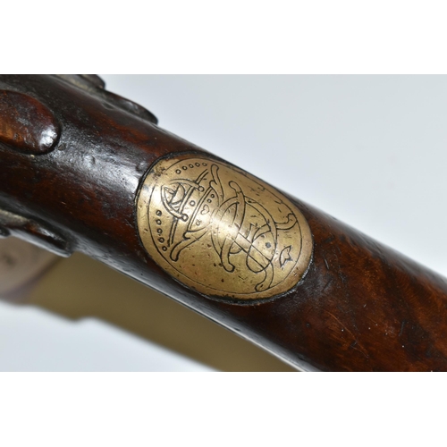 252 - A GOOD QUALITY REPRODUCTION OF A FLINTLOCK HOLSTER PISTOL, expertly aged, the lock is marked Pallzug... 