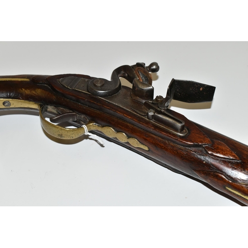 252 - A GOOD QUALITY REPRODUCTION OF A FLINTLOCK HOLSTER PISTOL, expertly aged, the lock is marked Pallzug... 