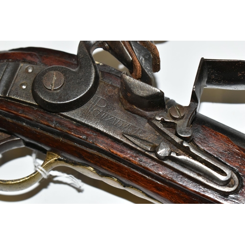 252 - A GOOD QUALITY REPRODUCTION OF A FLINTLOCK HOLSTER PISTOL, expertly aged, the lock is marked Pallzug... 