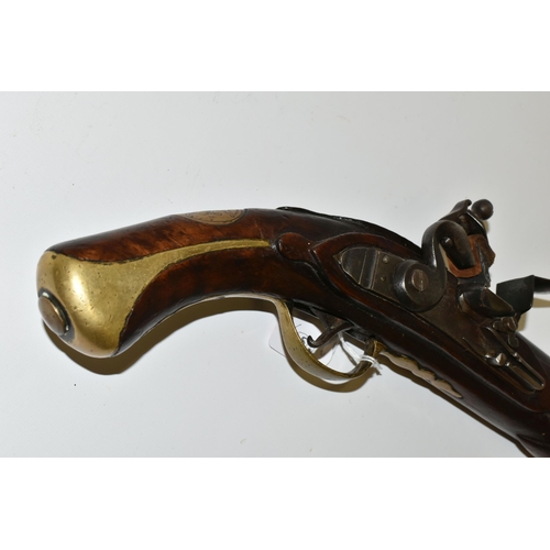 252 - A GOOD QUALITY REPRODUCTION OF A FLINTLOCK HOLSTER PISTOL, expertly aged, the lock is marked Pallzug... 