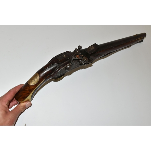 252 - A GOOD QUALITY REPRODUCTION OF A FLINTLOCK HOLSTER PISTOL, expertly aged, the lock is marked Pallzug... 